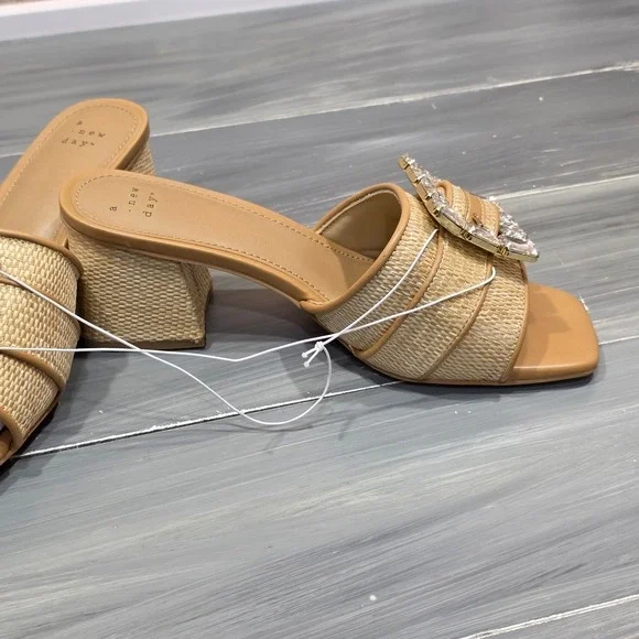A New Day Kathleen Sandals Raffia Rhinestone Buckle Block Heel Mules Square Toe - Picture 6 of 15